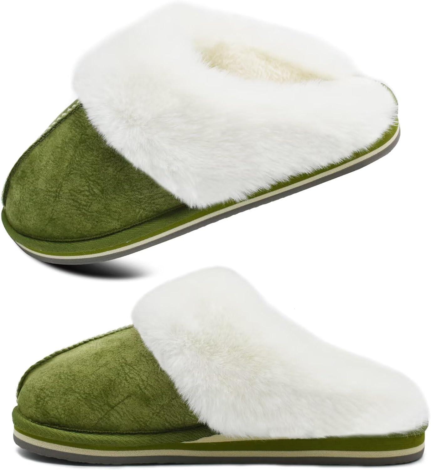 imageKuaiLu Womens Fluff Dual Memory Foam Slippers Ladies Cozy Arch Support Warm Scuff Slippers Slip on Comfy Winter House Shoes with NonSlip Indoor Outdoor Hard SoleGreen