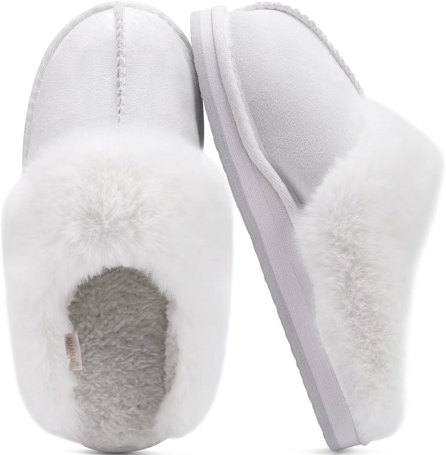 imageKuaiLu Womens Fluff Dual Memory Foam Slippers Ladies Cozy Arch Support Warm Scuff Slippers Slip on Comfy Winter House Shoes with NonSlip Indoor Outdoor Hard SoleSnow White