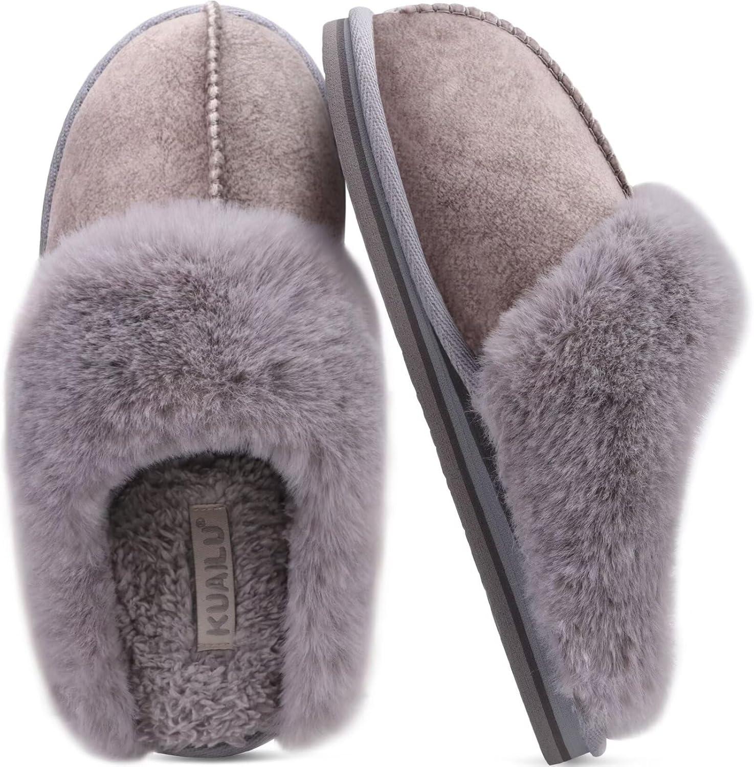imageKuaiLu Womens Fluff Dual Memory Foam Slippers Ladies Cozy Arch Support Warm Scuff Slippers Slip on Comfy Winter House Shoes with NonSlip Indoor Outdoor Hard SoleGrey