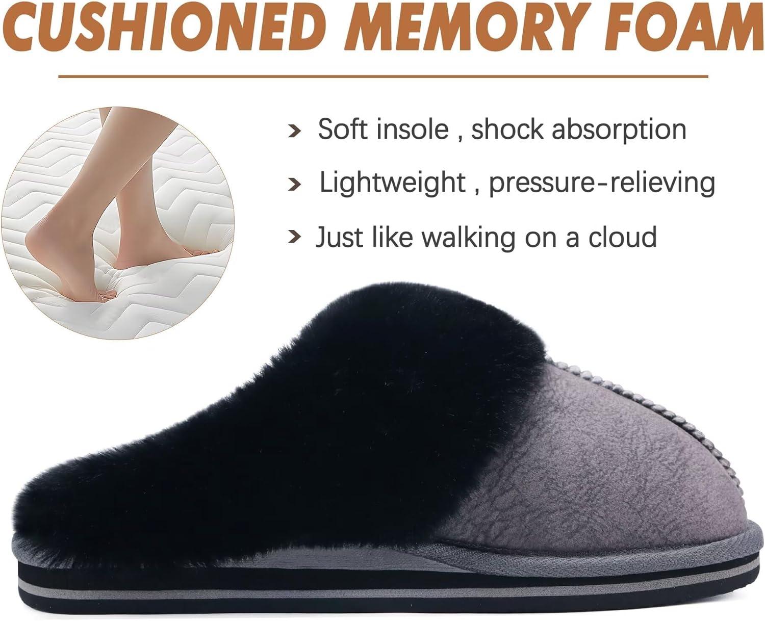 imageKuaiLu Womens Fluff Dual Memory Foam Slippers Ladies Cozy Arch Support Warm Scuff Slippers Slip on Comfy Winter House Shoes with NonSlip Indoor Outdoor Hard SoleBlack