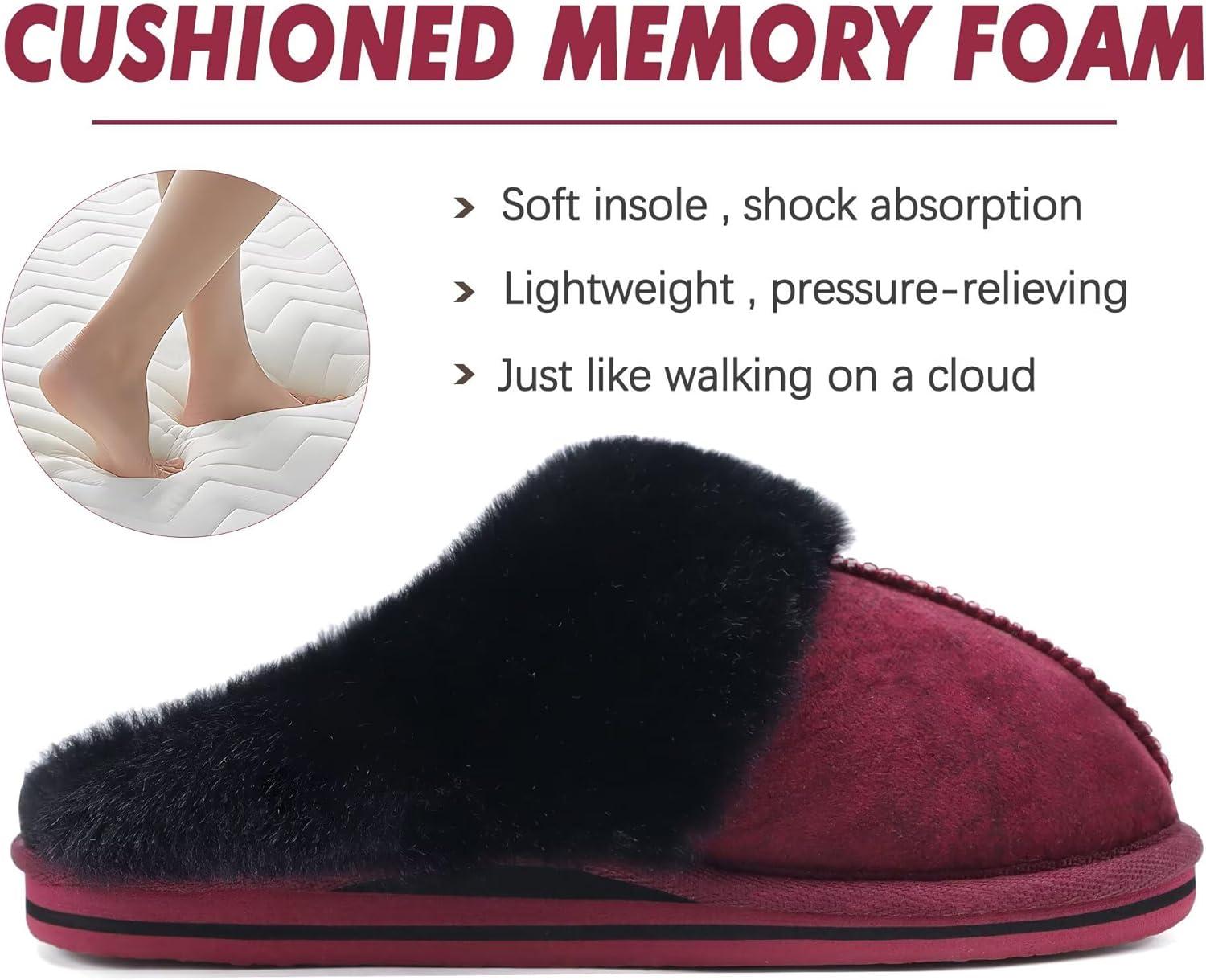 imageKuaiLu Womens Fluff Dual Memory Foam Slippers Ladies Cozy Arch Support Warm Scuff Slippers Slip on Comfy Winter House Shoes with NonSlip Indoor Outdoor Hard SoleRed