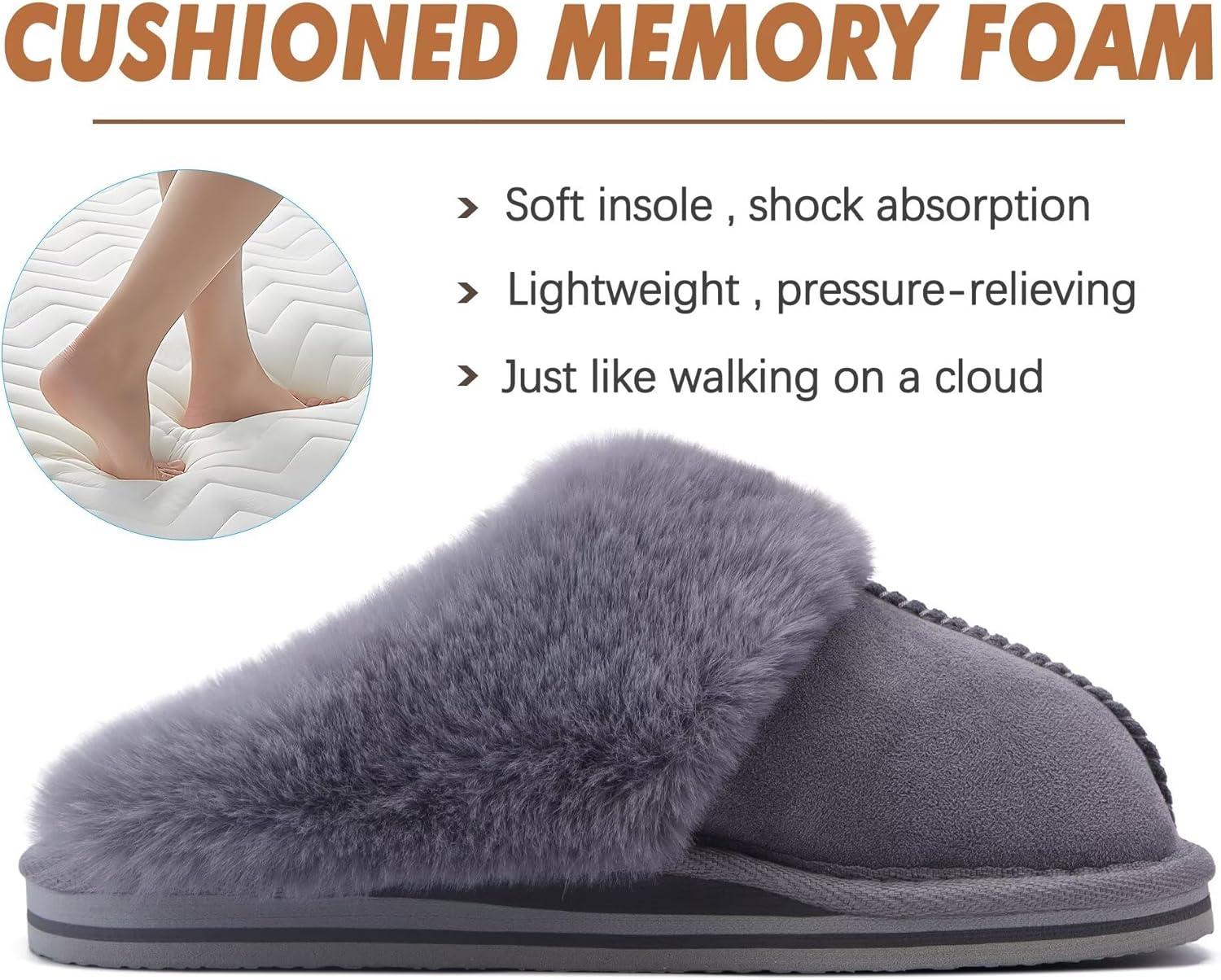 imageKuaiLu Womens Fluff Dual Memory Foam Slippers Ladies Cozy Arch Support Warm Scuff Slippers Slip on Comfy Winter House Shoes with NonSlip Indoor Outdoor Hard SoleDark Grey