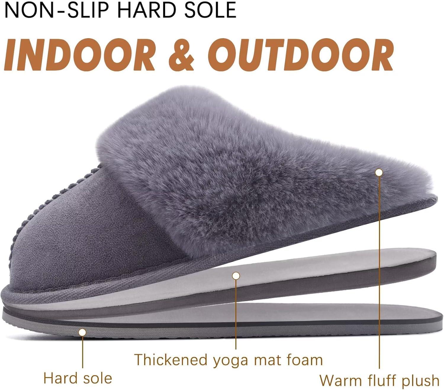 imageKuaiLu Womens Fluff Dual Memory Foam Slippers Ladies Cozy Arch Support Warm Scuff Slippers Slip on Comfy Winter House Shoes with NonSlip Indoor Outdoor Hard SoleDark Grey