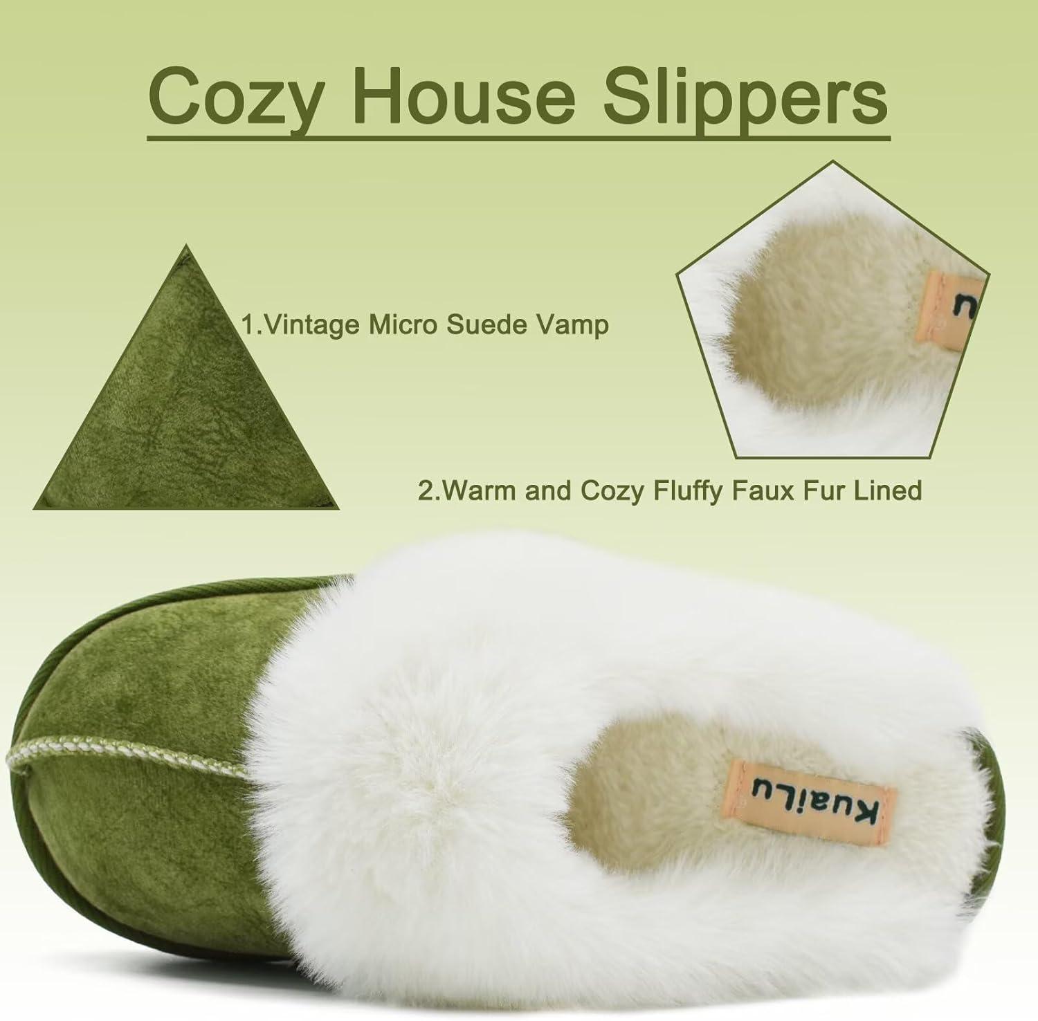 imageKuaiLu Womens Fluff Dual Memory Foam Slippers Ladies Cozy Arch Support Warm Scuff Slippers Slip on Comfy Winter House Shoes with NonSlip Indoor Outdoor Hard SoleGreen