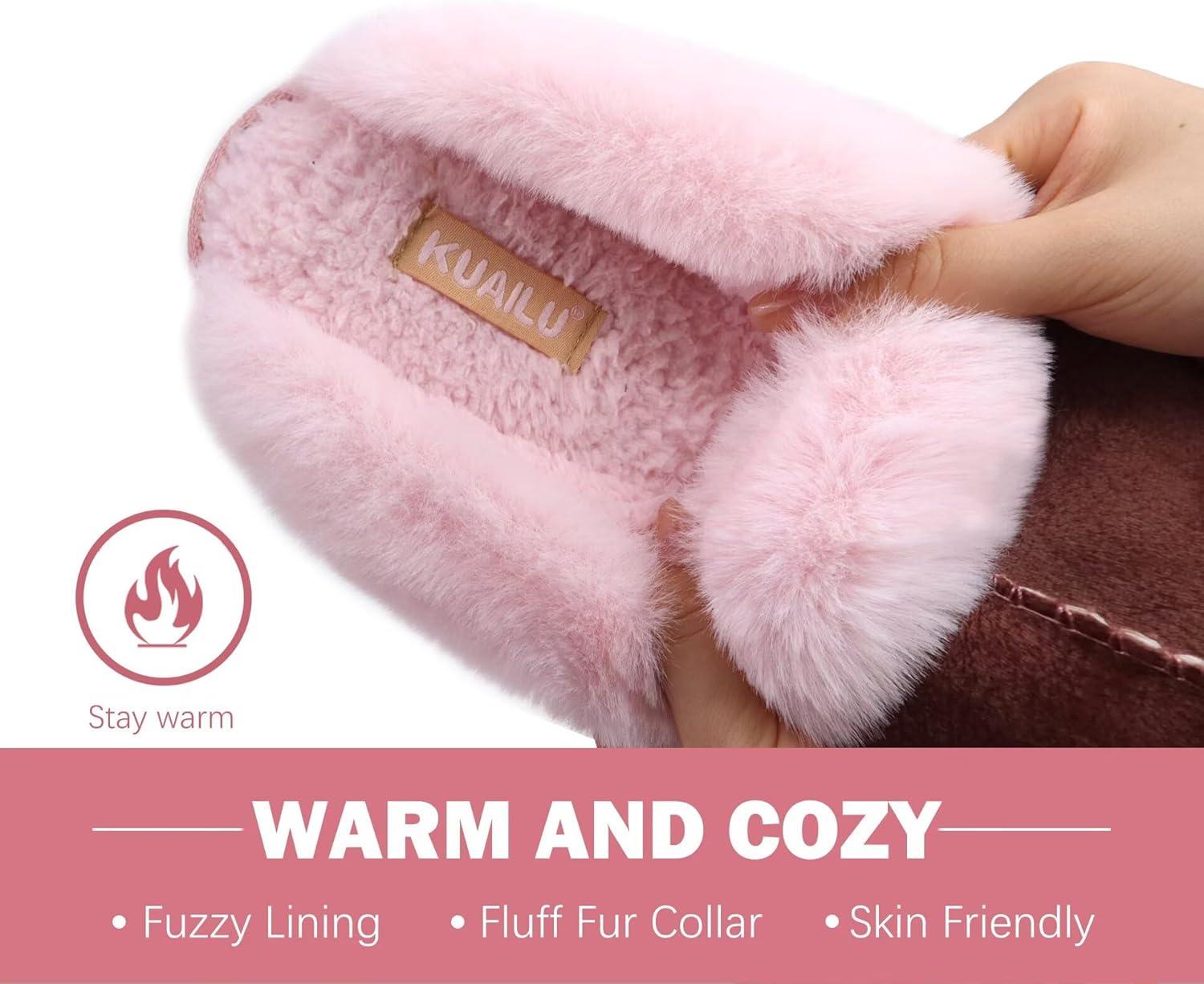imageKuaiLu Womens Fluff Dual Memory Foam Slippers Ladies Cozy Arch Support Warm Scuff Slippers Slip on Comfy Winter House Shoes with NonSlip Indoor Outdoor Hard SolePink