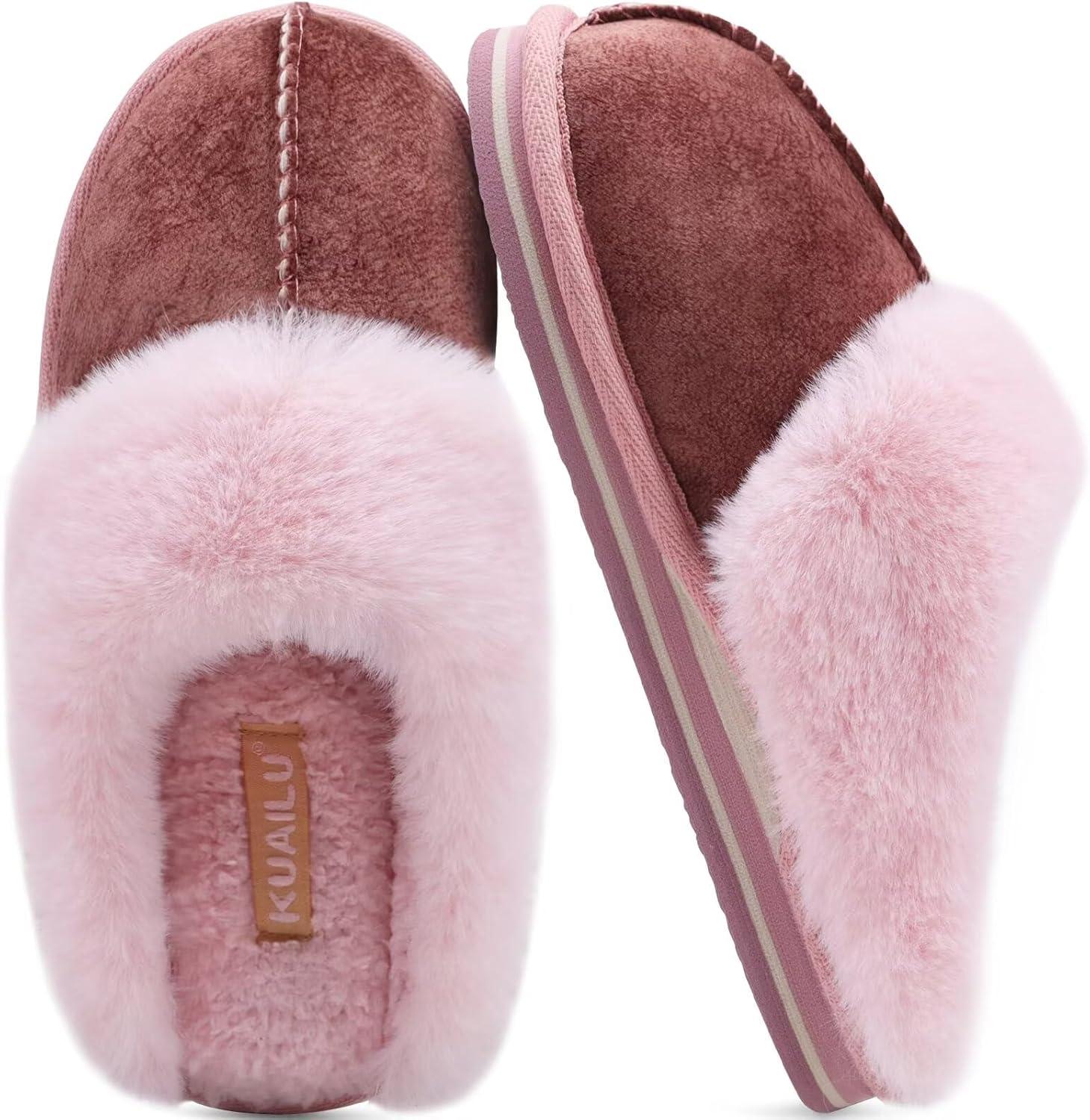 imageKuaiLu Womens Fluff Dual Memory Foam Slippers Ladies Cozy Arch Support Warm Scuff Slippers Slip on Comfy Winter House Shoes with NonSlip Indoor Outdoor Hard SolePink