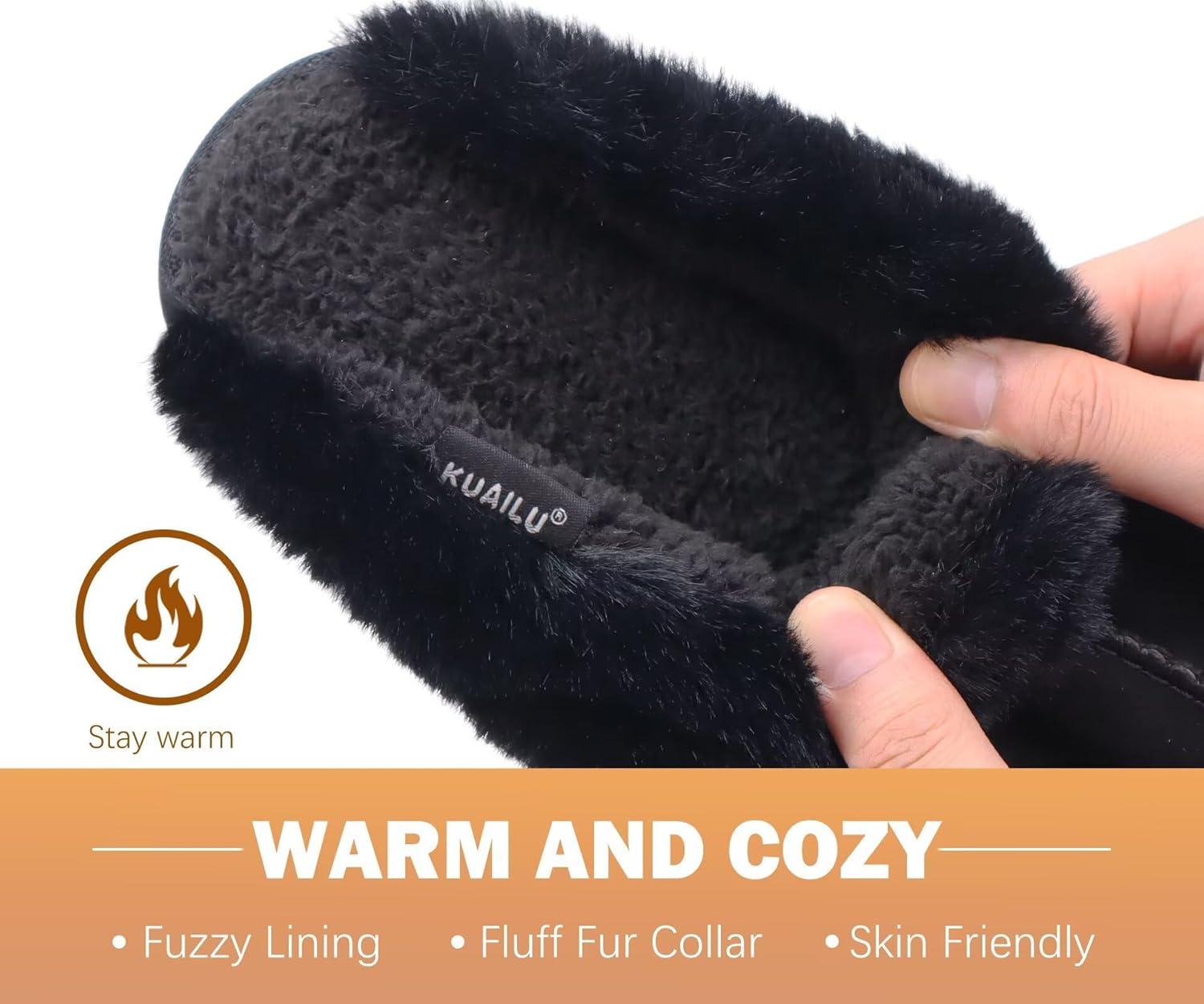 imageKuaiLu Womens Fluff Dual Memory Foam Slippers Ladies Cozy Arch Support Warm Scuff Slippers Slip on Comfy Winter House Shoes with NonSlip Indoor Outdoor Hard SoleDark Black