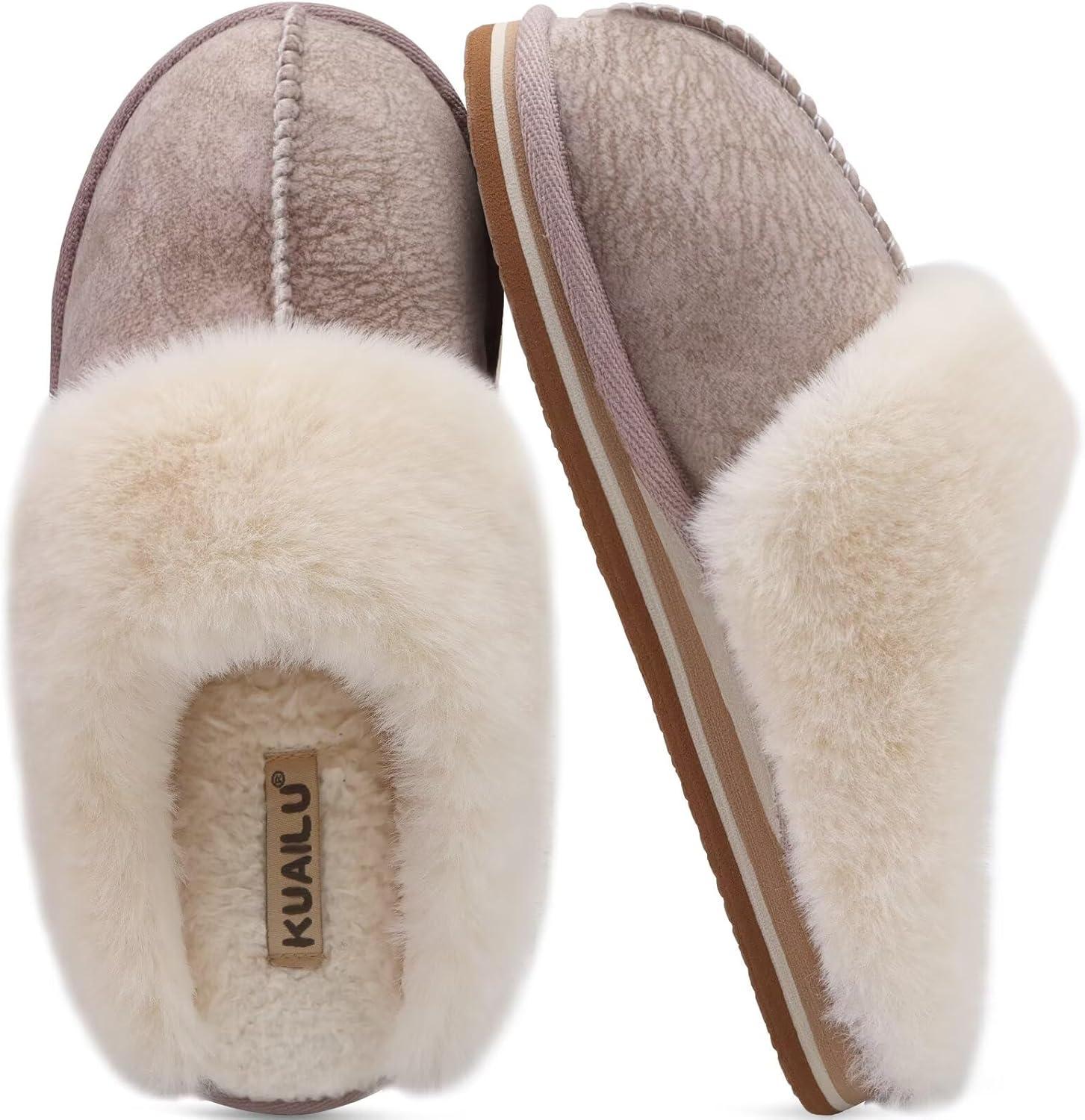 imageKuaiLu Womens Fluff Dual Memory Foam Slippers Ladies Cozy Arch Support Warm Scuff Slippers Slip on Comfy Winter House Shoes with NonSlip Indoor Outdoor Hard SoleBeige