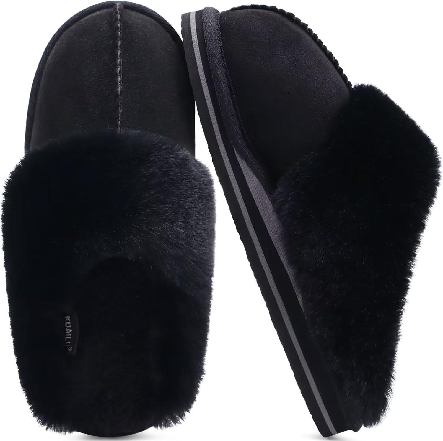 imageKuaiLu Womens Fluff Dual Memory Foam Slippers Ladies Cozy Arch Support Warm Scuff Slippers Slip on Comfy Winter House Shoes with NonSlip Indoor Outdoor Hard SoleDark Black