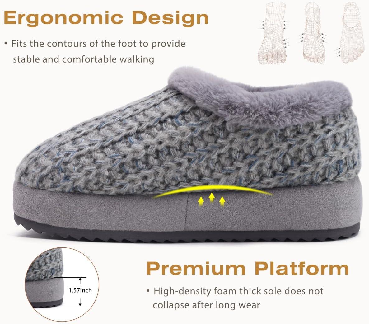 imageKuaiLu Womens House Platform Slippers Cozy Fuzzy Plush Knit Slipper Ladies Warm Fur Lined Winter Slip On Home Bedroom Thick Cushion Shoes Indoor Outdoor Hard SoleGrey