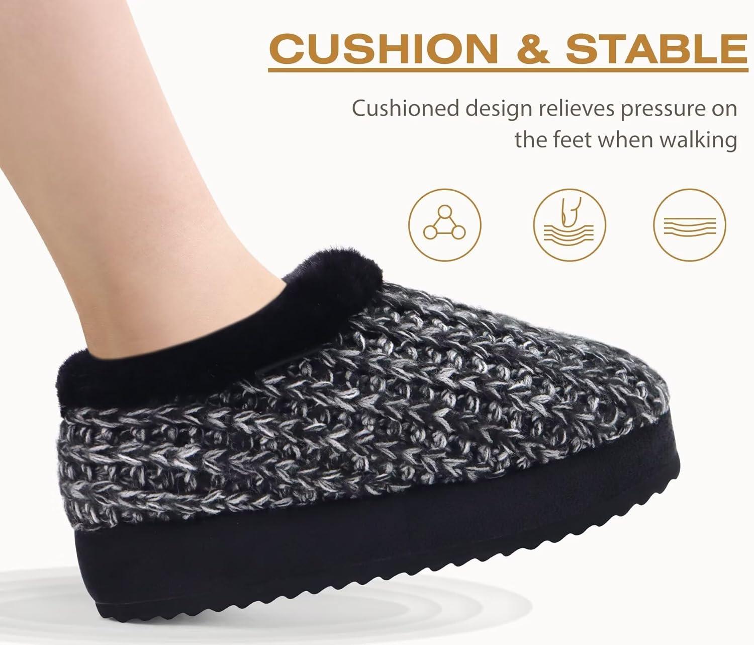 imageKuaiLu Womens House Platform Slippers Cozy Fuzzy Plush Knit Slipper Ladies Warm Fur Lined Winter Slip On Home Bedroom Thick Cushion Shoes Indoor Outdoor Hard SoleBlack