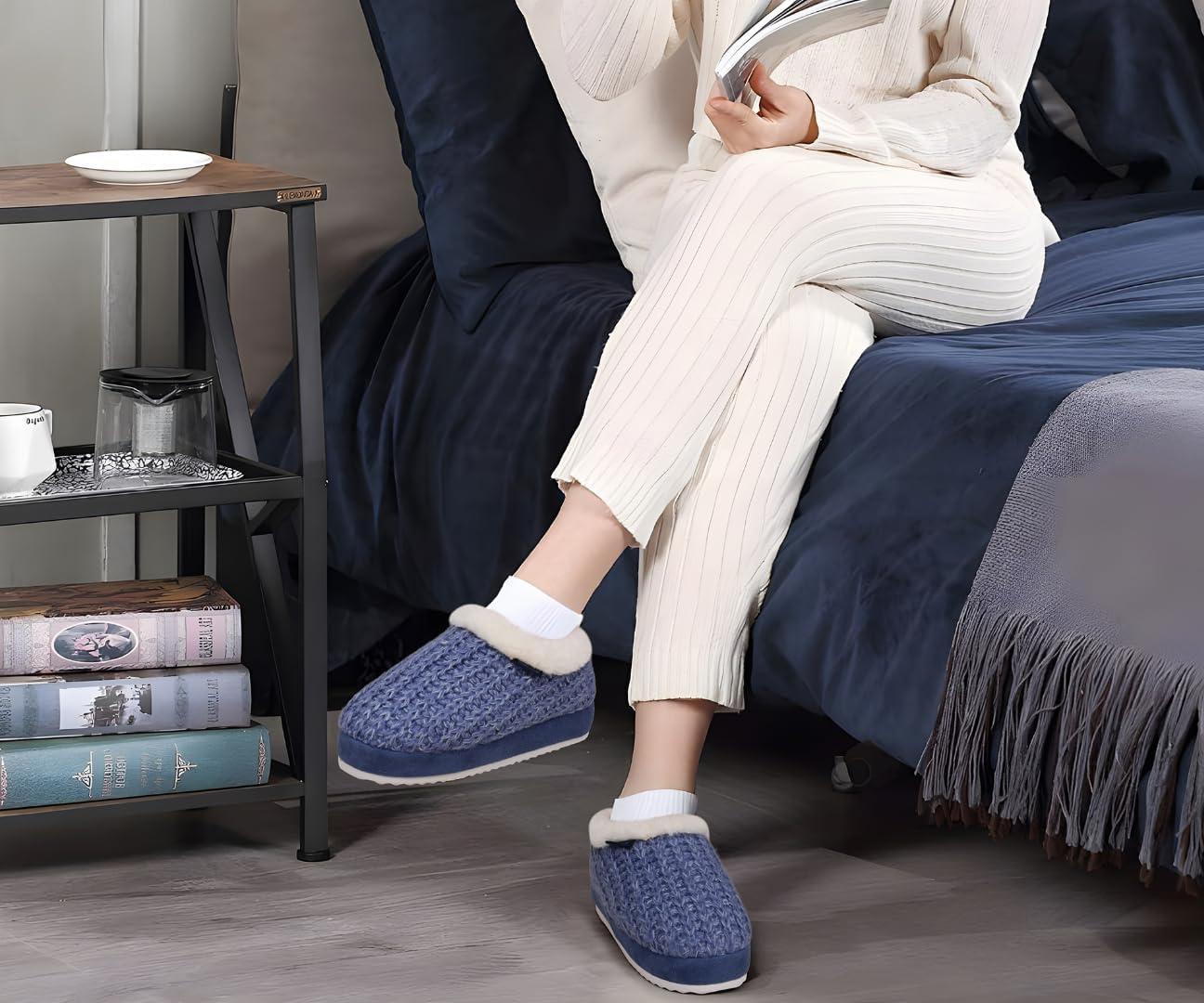 imageKuaiLu Womens House Platform Slippers Cozy Fuzzy Plush Knit Slipper Ladies Warm Fur Lined Winter Slip On Home Bedroom Thick Cushion Shoes Indoor Outdoor Hard SoleBlue
