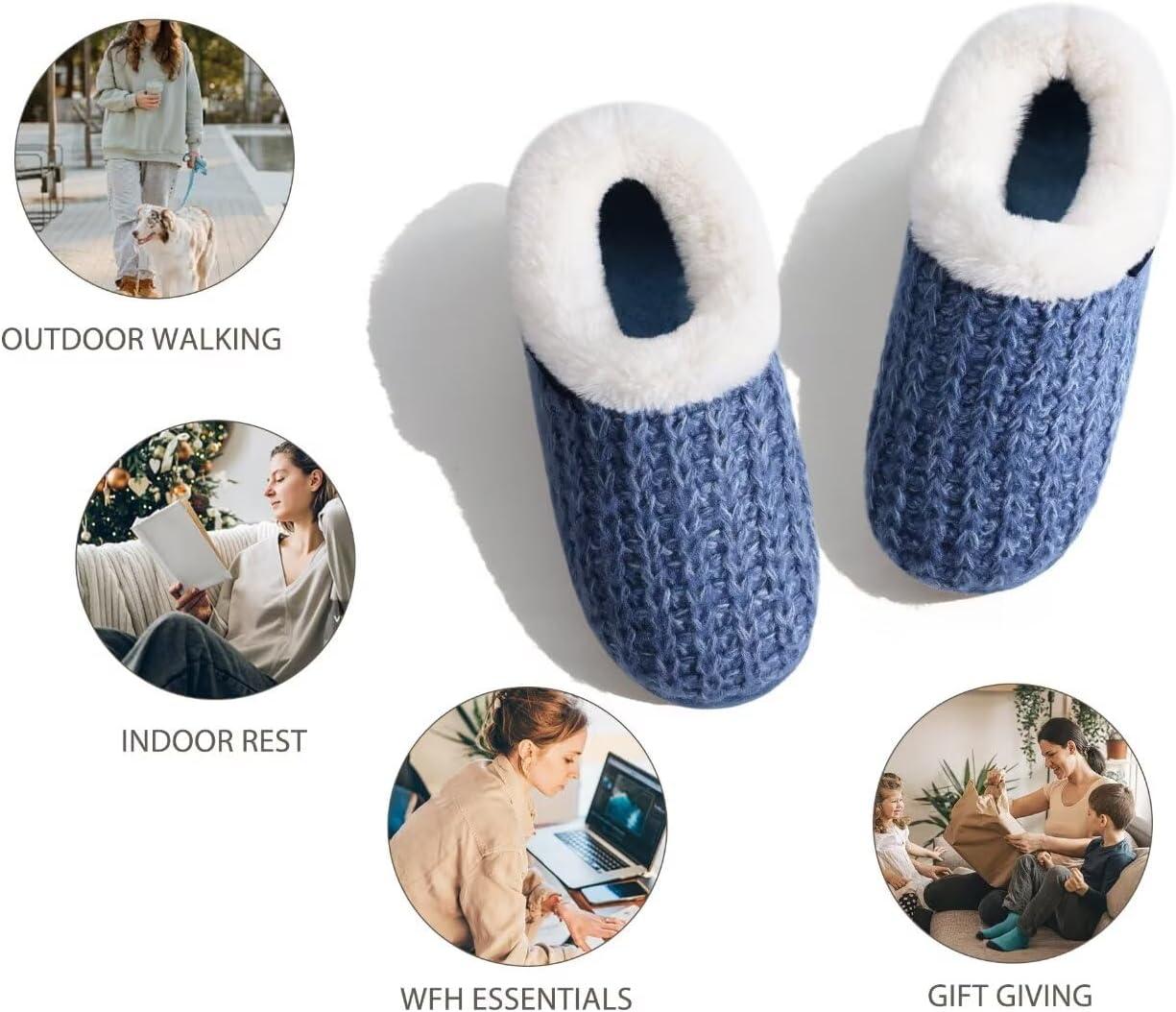 imageKuaiLu Womens House Platform Slippers Cozy Fuzzy Plush Knit Slipper Ladies Warm Fur Lined Winter Slip On Home Bedroom Thick Cushion Shoes Indoor Outdoor Hard SoleBlue