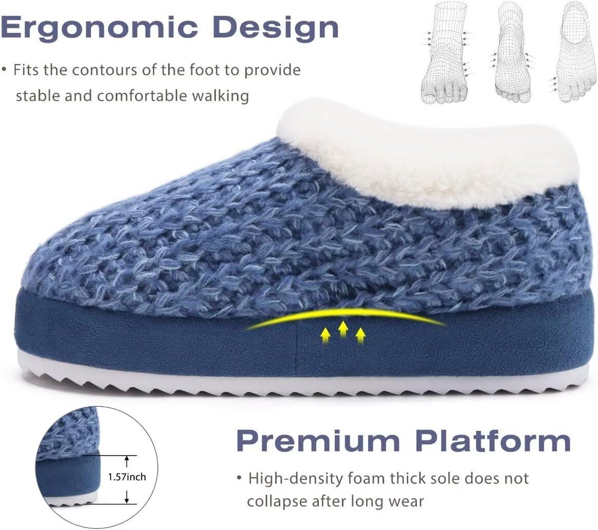 imageKuaiLu Womens House Platform Slippers Cozy Fuzzy Plush Knit Slipper Ladies Warm Fur Lined Winter Slip On Home Bedroom Thick Cushion Shoes Indoor Outdoor Hard SoleBlue