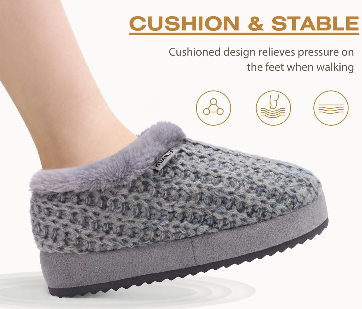 imageKuaiLu Womens House Platform Slippers Cozy Fuzzy Plush Knit Slipper Ladies Warm Fur Lined Winter Slip On Home Bedroom Thick Cushion Shoes Indoor Outdoor Hard SoleGrey