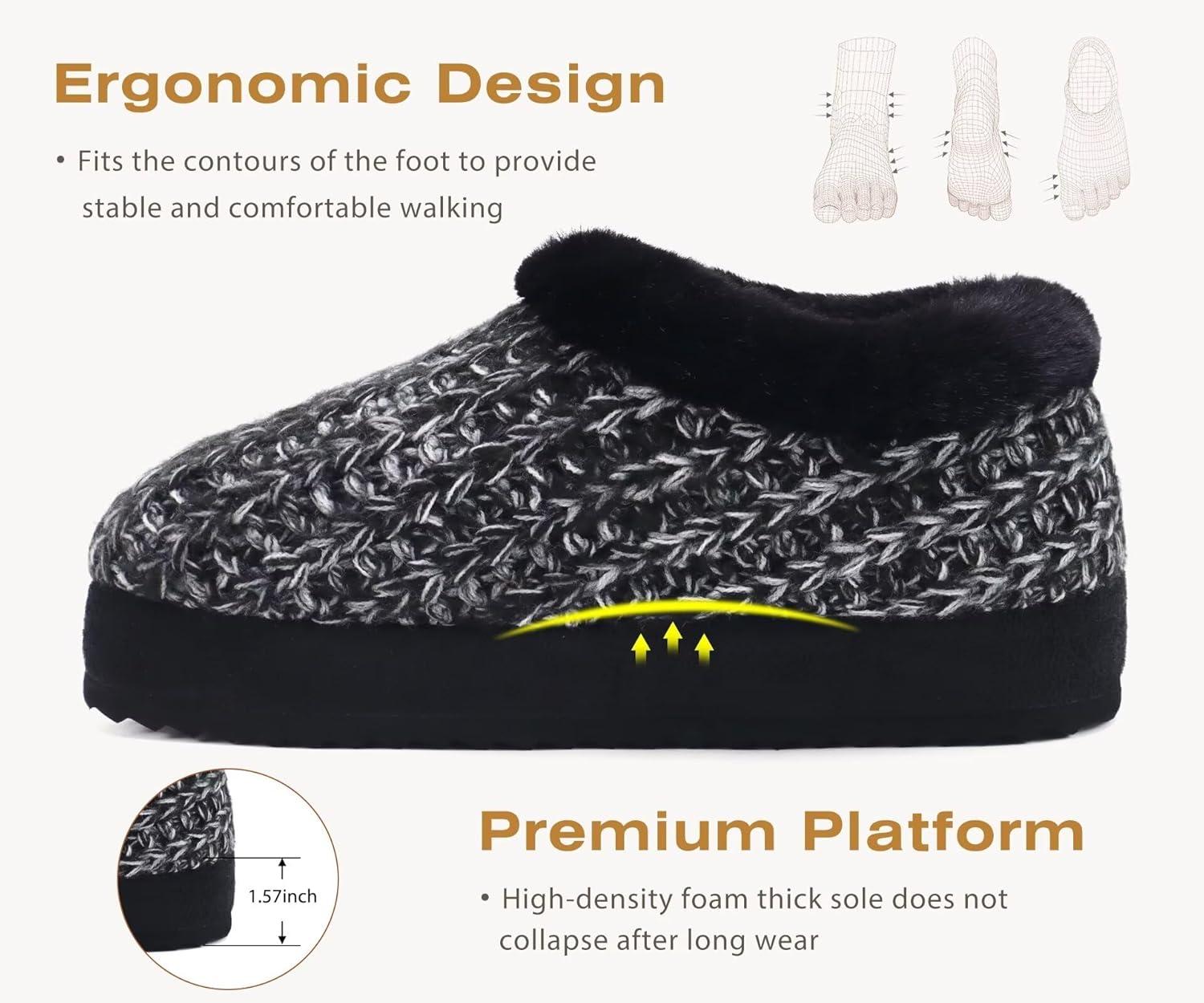 imageKuaiLu Womens House Platform Slippers Cozy Fuzzy Plush Knit Slipper Ladies Warm Fur Lined Winter Slip On Home Bedroom Thick Cushion Shoes Indoor Outdoor Hard SoleBlack