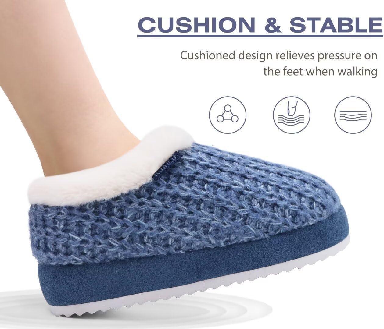 imageKuaiLu Womens House Platform Slippers Cozy Fuzzy Plush Knit Slipper Ladies Warm Fur Lined Winter Slip On Home Bedroom Thick Cushion Shoes Indoor Outdoor Hard SoleBlue