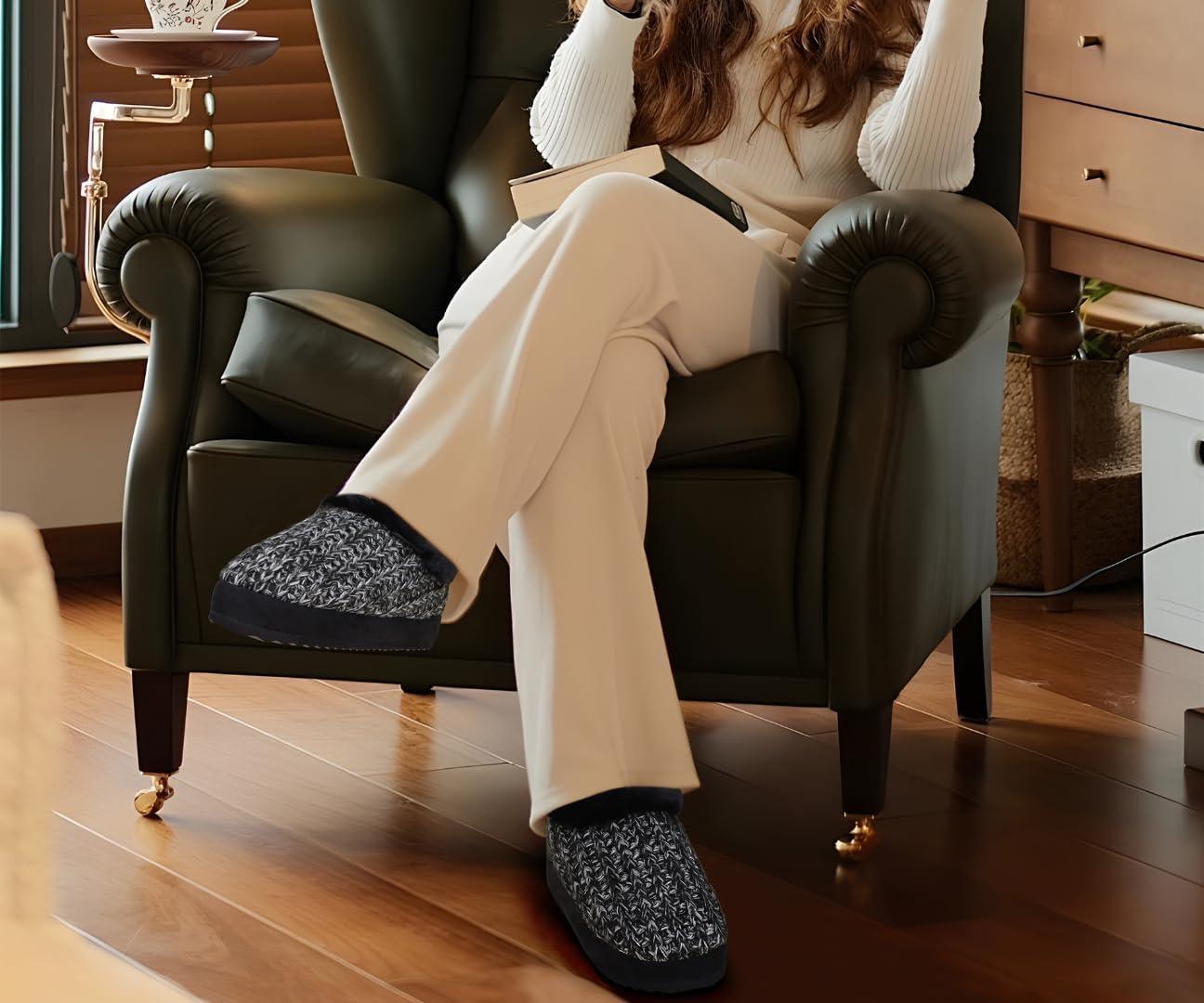imageKuaiLu Womens House Platform Slippers Cozy Fuzzy Plush Knit Slipper Ladies Warm Fur Lined Winter Slip On Home Bedroom Thick Cushion Shoes Indoor Outdoor Hard SoleBlack