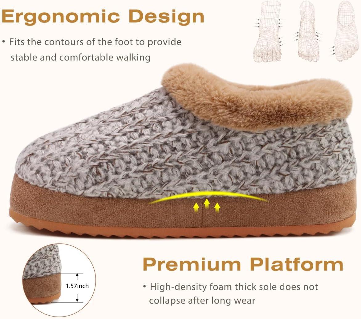 imageKuaiLu Womens House Platform Slippers Cozy Fuzzy Plush Knit Slipper Ladies Warm Fur Lined Winter Slip On Home Bedroom Thick Cushion Shoes Indoor Outdoor Hard SoleBrown