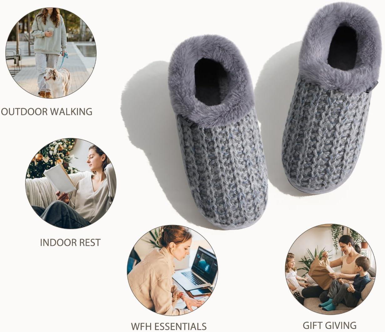 imageKuaiLu Womens House Platform Slippers Cozy Fuzzy Plush Knit Slipper Ladies Warm Fur Lined Winter Slip On Home Bedroom Thick Cushion Shoes Indoor Outdoor Hard SoleGrey