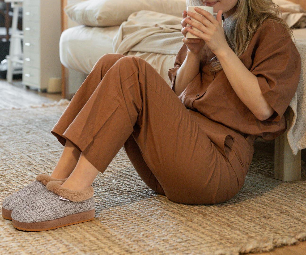 imageKuaiLu Womens House Platform Slippers Cozy Fuzzy Plush Knit Slipper Ladies Warm Fur Lined Winter Slip On Home Bedroom Thick Cushion Shoes Indoor Outdoor Hard SoleBrown