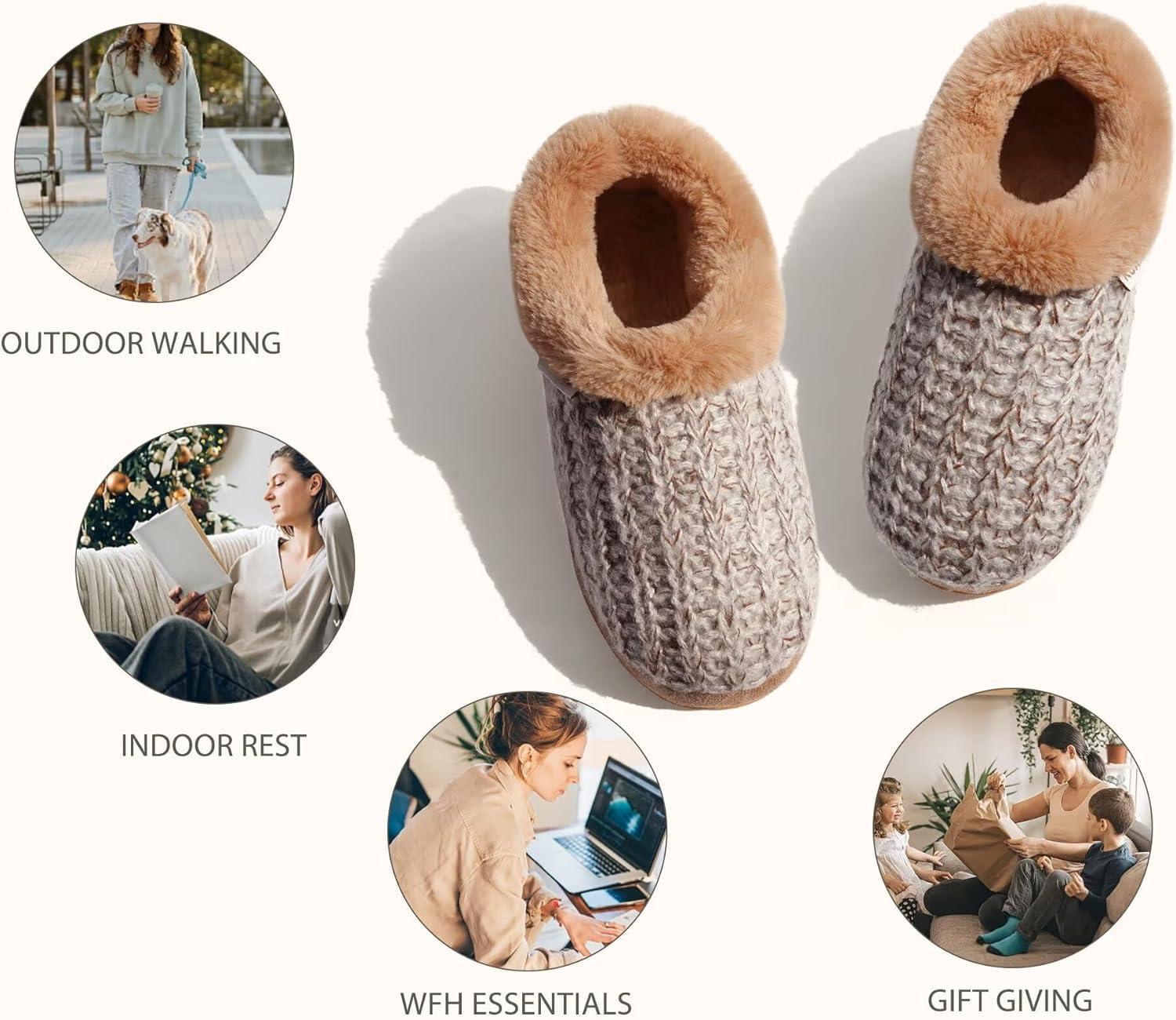 imageKuaiLu Womens House Platform Slippers Cozy Fuzzy Plush Knit Slipper Ladies Warm Fur Lined Winter Slip On Home Bedroom Thick Cushion Shoes Indoor Outdoor Hard SoleBrown