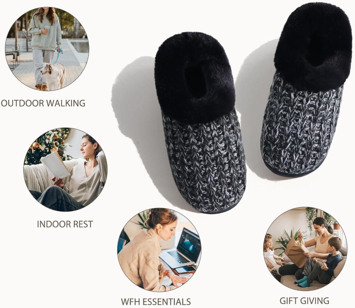 imageKuaiLu Womens House Platform Slippers Cozy Fuzzy Plush Knit Slipper Ladies Warm Fur Lined Winter Slip On Home Bedroom Thick Cushion Shoes Indoor Outdoor Hard SoleBlack