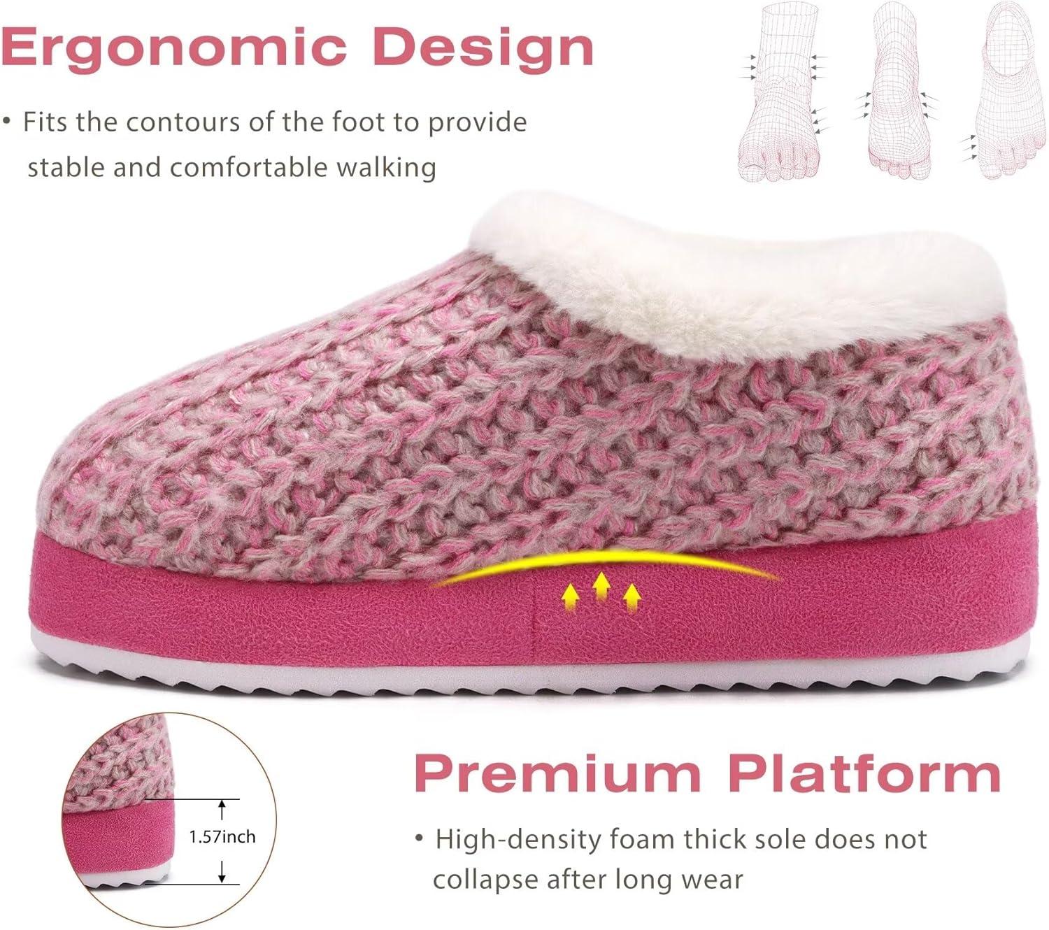 imageKuaiLu Womens House Platform Slippers Cozy Fuzzy Plush Knit Slipper Ladies Warm Fur Lined Winter Slip On Home Bedroom Thick Cushion Shoes Indoor Outdoor Hard SolePink