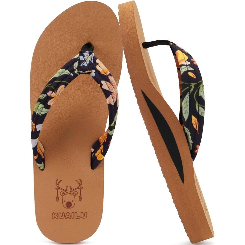 imageKuaiLu Womens Arch Support Flip Flops Ladies Comfort Lightweight Soft Yoga Mat Cushion Walking Thong SandalsBlack Khaki