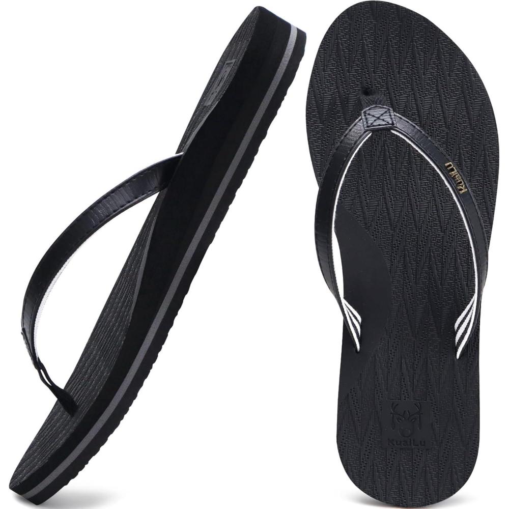imageKuaiLu Womens Fashion Flip Flops Ladies Lightweight Summer Beach Yoga Mat Thong Sandals with Comfortable Arch SupportBlack