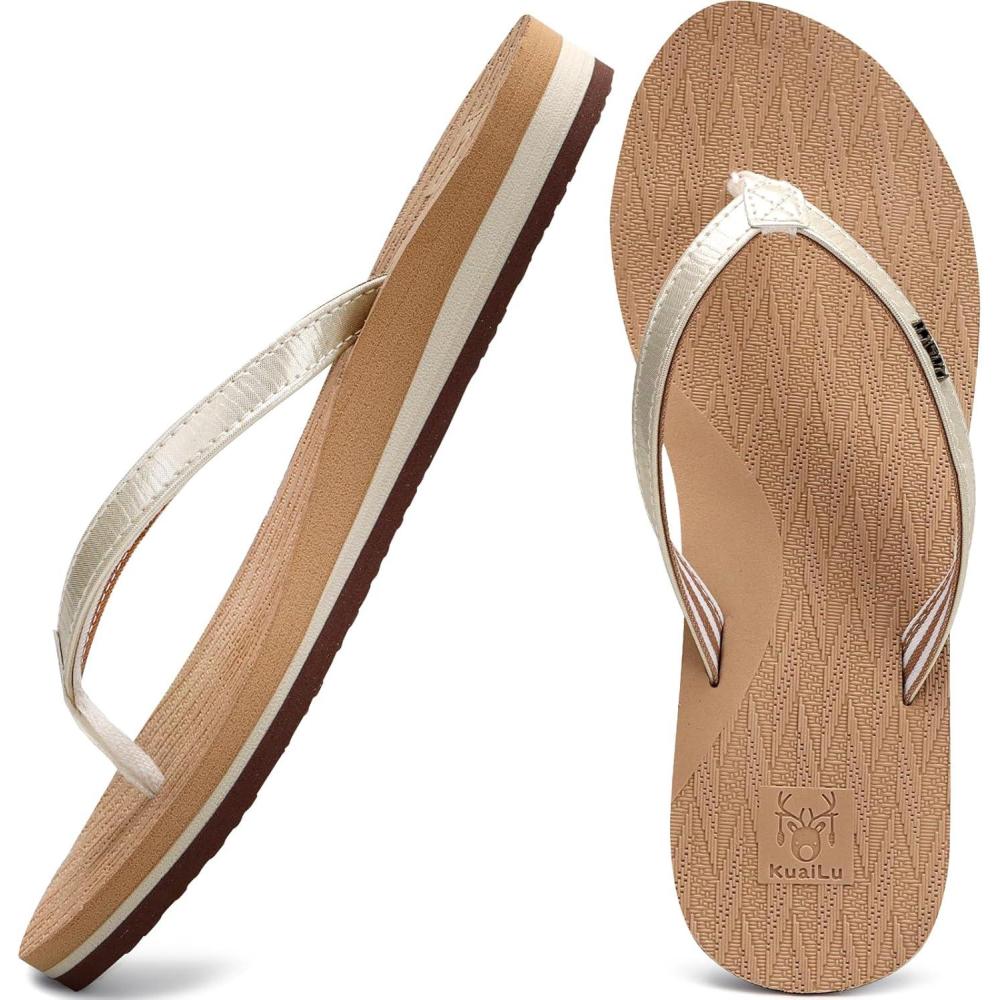 imageKuaiLu Womens Fashion Flip Flops Ladies Lightweight Summer Beach Yoga Mat Thong Sandals with Comfortable Arch SupportShiny Beige