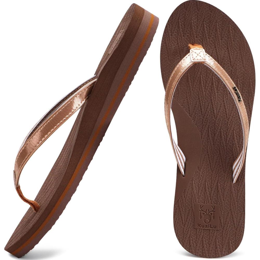 imageKuaiLu Womens Fashion Flip Flops Ladies Lightweight Summer Beach Yoga Mat Thong Sandals with Comfortable Arch SupportShiny Brown