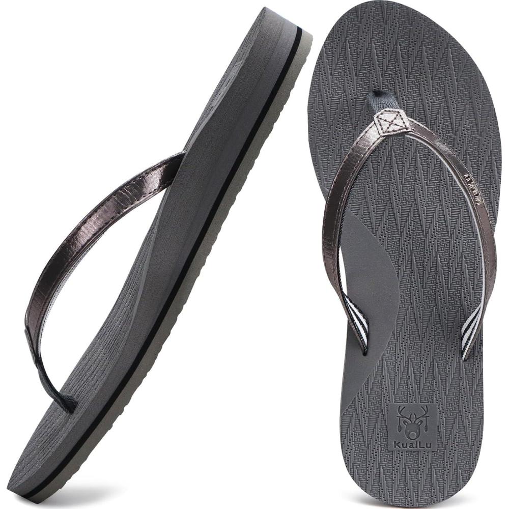imageKuaiLu Womens Fashion Flip Flops Ladies Lightweight Summer Beach Yoga Mat Thong Sandals with Comfortable Arch SupportShiny Grey