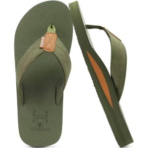imageKuaiLu Mens Yoga Mat Leather Flip Flops with Arch Support Comfortable Cushion Walking Thong Sandals Slip On Indoor OutdoorArmy Green