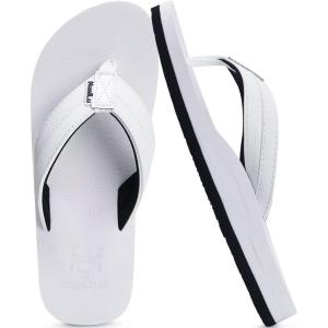 imageKuaiLu Mens Yoga Mat Leather Flip Flops with Arch Support Comfortable Cushion Walking Thong Sandals Slip On Indoor OutdoorWhite Black