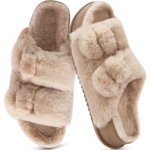 imageKuaiLu Womens Fluff Slippers Plantar Fasciitis Arch Support Platform Slippers Ladies Fashion Open Toe Faux Fur Sandals Warm House Slipper