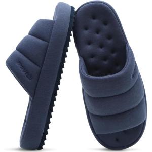 imageKuaiLu Mens Fashion Quilted Cottonblend Fabric Sandal Slippers Cozy Memory Foam IndoorOutdoor House Shoes with Lightweight Soft Cushion Footbed Hard Rubber SoleDark Blue
