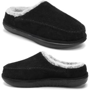 imageKuaiLu Womens Clog Slippers with Comfy Arch Support Orthotic Plantar Fasciitis Memory Foam Ladies Slippers for Women Winter Warm Fluff Slip on Felt Houes Shoes Hard Rubber Sole Black size 85