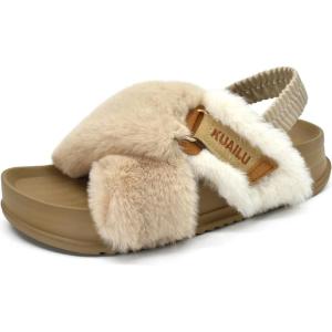 imageKuaiLu Womens Fuzzy Criss Cross Band Platform Slippers Arch Support Furry Faux Fur Ladies Open Toe Cozy Soft Plush Fleece Comfy House Shoes SandalsBeige