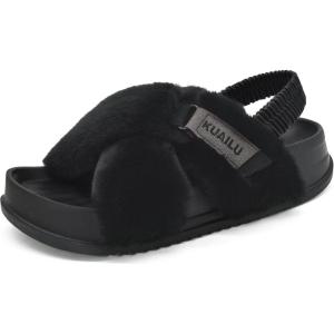 imageKuaiLu Womens Fuzzy Criss Cross Band Platform Slippers Arch Support Furry Faux Fur Ladies Open Toe Cozy Soft Plush Fleece Comfy House Shoes SandalsBlack