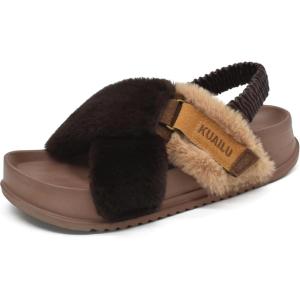 imageKuaiLu Womens Fuzzy Criss Cross Band Platform Slippers Arch Support Furry Faux Fur Ladies Open Toe Cozy Soft Plush Fleece Comfy House Shoes SandalsBrown