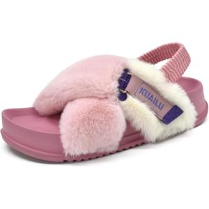 imageKuaiLu Womens Fuzzy Criss Cross Band Platform Slippers Arch Support Furry Faux Fur Ladies Open Toe Cozy Soft Plush Fleece Comfy House Shoes SandalsPink
