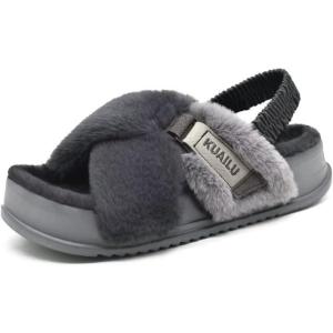 imageKuaiLu Womens Fuzzy Criss Cross Band Platform Slippers Arch Support Furry Faux Fur Ladies Open Toe Cozy Soft Plush Fleece Comfy House Shoes SandalsPlush Grey