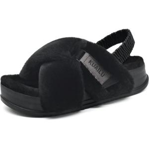 imageKuaiLu Womens Fuzzy Criss Cross Band Platform Slippers Arch Support Furry Faux Fur Ladies Open Toe Cozy Soft Plush Fleece Comfy House Shoes SandalsPlush Black
