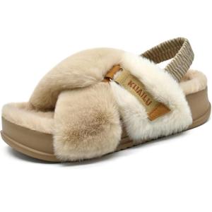 imageKuaiLu Womens Fuzzy Criss Cross Band Platform Slippers Arch Support Furry Faux Fur Ladies Open Toe Cozy Soft Plush Fleece Comfy House Shoes SandalsPlush Beige
