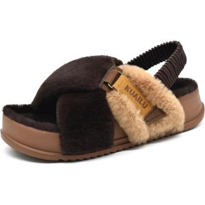 imageKuaiLu Womens Fuzzy Criss Cross Band Platform Slippers Arch Support Furry Faux Fur Ladies Open Toe Cozy Soft Plush Fleece Comfy House Shoes SandalsPlush Brown