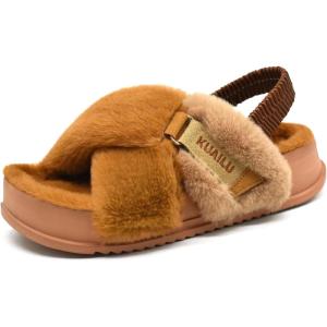 imageKuaiLu Womens Fuzzy Criss Cross Band Platform Slippers Arch Support Furry Faux Fur Ladies Open Toe Cozy Soft Plush Fleece Comfy House Shoes SandalsPlush Tan