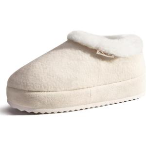 imageKuaiLu Womens House Platform Slippers Cozy Fuzzy Plush Knit Slipper Ladies Warm Fur Lined Winter Slip On Home Bedroom Thick Cushion Shoes Indoor Outdoor Hard SoleAll White