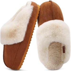 imageKuaiLu Womens House Platform Slippers Warm Faux Suede Fuzzy Thick Cushioned Yoga Foam Shoes Ladies Slipper Home Lightweight Slip on Indoor Outdoor NonSlip Hard SoleChestnut