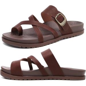 imageKuaiLu Womens Orthopedic Sandals With Comfortable Arch Support Cushion Yoga Mat Slides Fashion Summer Beach Flat Sandles Adjustable Open Toe Travel Outdoor Plantar Fasciitis Flip Flops US Size 511Brown